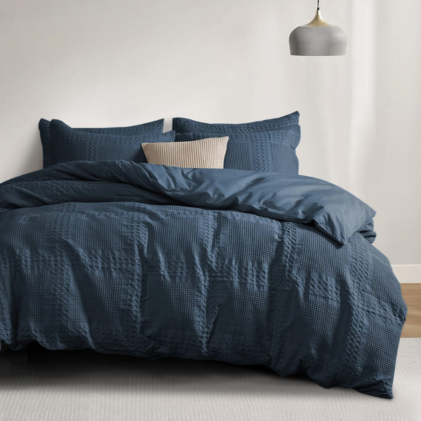 Washed Cotton Blue Waffle Quilt Cover Set